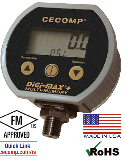 Cecomp Intrinsically Safe, Battery Powered Digital Pressure Gauge 100 PSI, Min/Max Memory, Backlit Display, No Auto Shutoff, Accuracy 0.25%