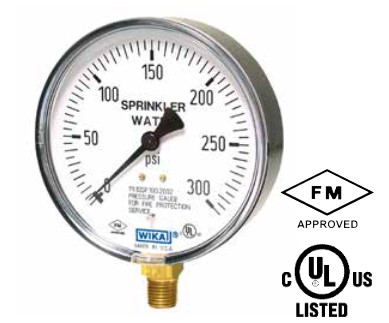 Wika 111.10SP Series Fire Sprinkler Gauge, 4" Dial, 1/4" NPT Brass Lower Mount, 400 PSI "Sprinkler Water" Range
