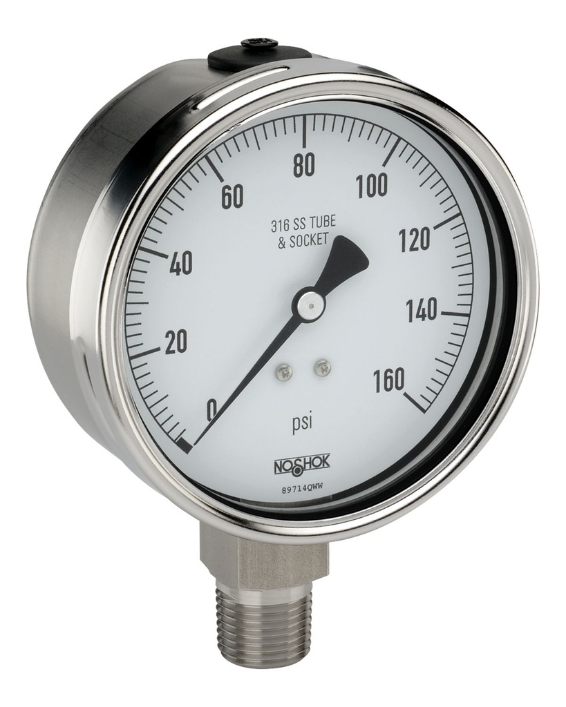 Pressure Gauge, 4" 304SS Case, 316SS Internals, 30/100 psi, 1/4 NPT Male Bottom Conn, Glycerin Filled (30pc MOQ)