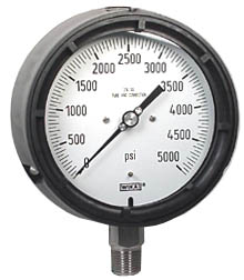 Wika 233.34 Series Stainless Steel Liquid Filled Process Gauge, 4.5" Dial, 0 to 5000 PSI, 1/4" NPT Lower Connection