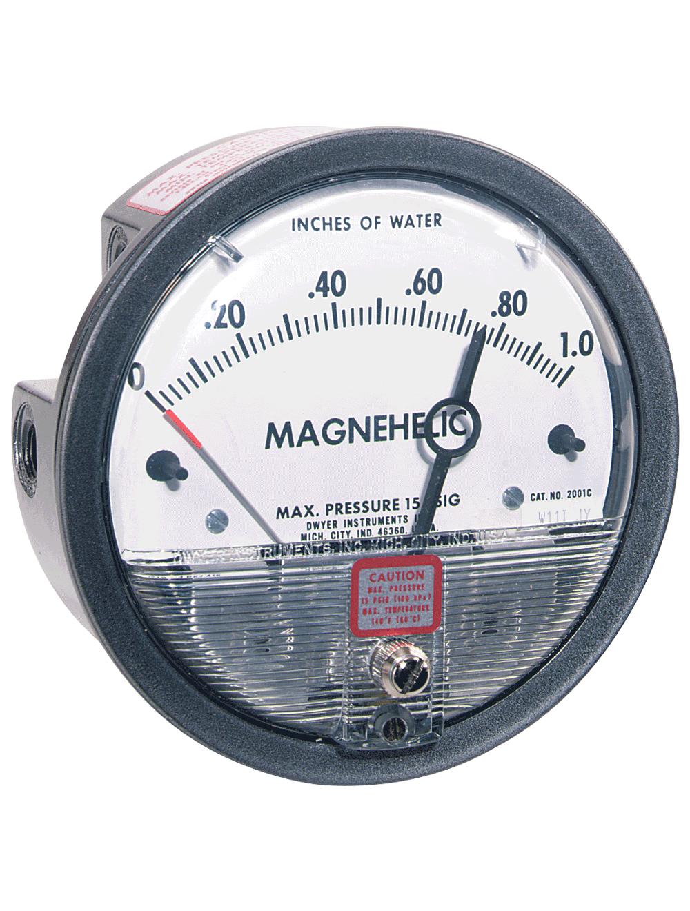 Differential pressure gage, range 0-1.0" w.c., minor divisions .02. with adjustable signal flag