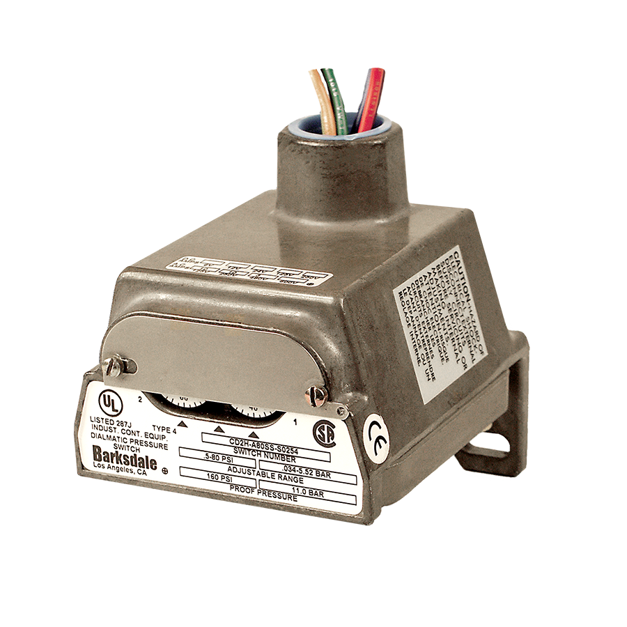 Barksdale CD2H Diaphragm Pressure Switch, Dual Setpoint, 10 Amps @ 125/250 VAC; 3 A @ 480 VAC; .5 A @ 24 VDC, 0.5-80PSI, 1/4"NPTF, Oxygen Cleaned, Factory Set - 1@40 PSI Increasing, 2@60 PSI Increasing