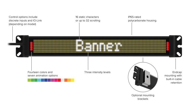 SD50 Status Display with IO-Link; 8 x 96 pixels. White Display LEDs; RGB indicator LEDs. 300 mm length; Polycarbonate; 18-30 V dc. 150 mm (6 in) 4-pin M12 PVC Pigtail QD SD50P300WKQP