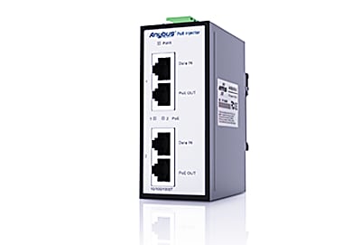 Anybus PoE Injector, 24-50 VDC powered, DINrail mounted, 2-ports GB Ethernet (input) and 2-ports GB Ethernet (PoE output)