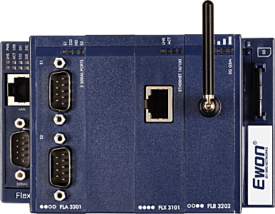 Ewon Flexy 202 Base Unit, 4x Ext Card Slots, 1-port RJ45 LAN, 1-port Serial D-Sub 9-pin male (RS232/422/485), Requires WAN Ext Card for VPN connectivity