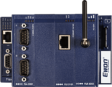 Ewon Flexy 203 Base Unit, 4x Ext Card Slots, 1-port RJ45 LAN, 1-port Serial MPI (Profibus) D-Sub female, Requires WAN Ext Card for VPN connectivity