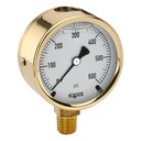 300 Series Brass Case Liquid Filled Pressure Gauge, 2.5" Dial, -30 " HG Vacuum to 300 PSI/Bar, 1/4" NPT Brass Bottom Connection, w/ Brass Front Flange