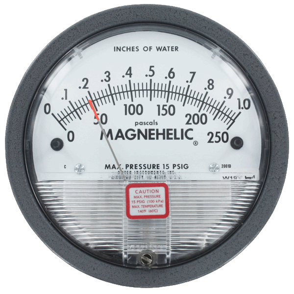 Differential pressure gage, range 0-1.0" w.c. & 0-250 Pa.
