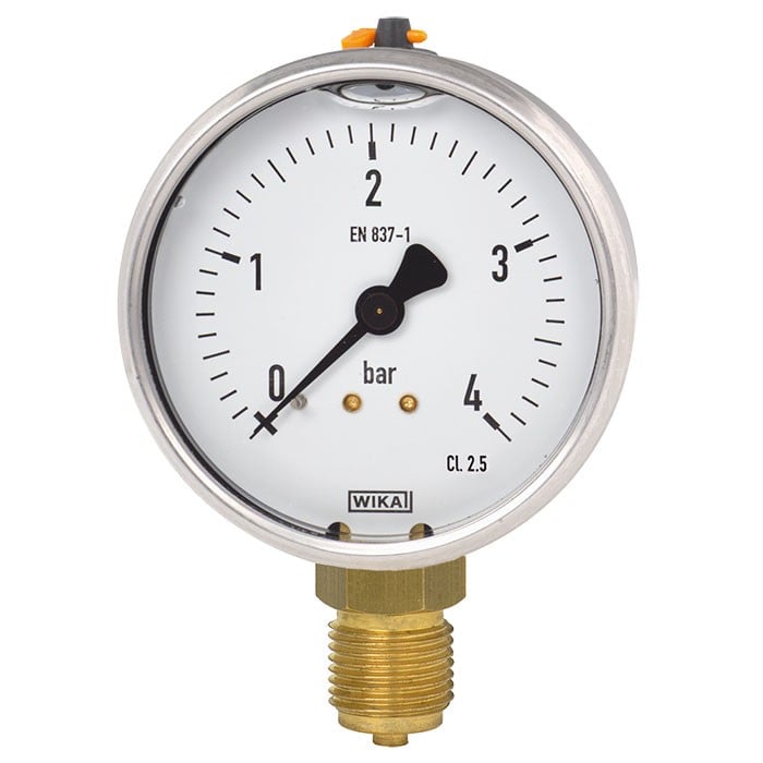 Wika 113.53 Series Liquid Filled Pressure Gauge, 1.5" Dial, 0-60 PSI, SS Case, Brass 1/4" NPT Center Back Mount 
