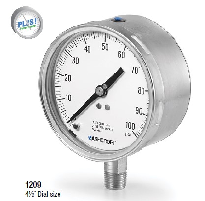 1209 Series Pressure Gauge, 4.5" Dial, SS Liquid Filled Case, 1/2" NPT Stainless Steel Lower Mount, 0-250#, NIST Certs