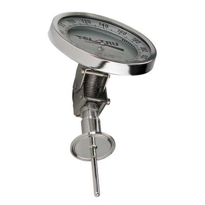 Tel-Tru 4" Dial Thermometer, Adjustable Angle Connected, 0/250FC, 1.5" Sanitary Flange, 7.5" Stem