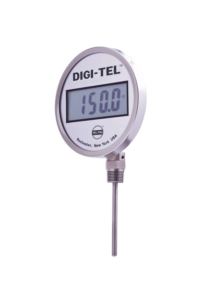 Tel-Tru 5" Digital Thermometer, Bottom Connected, -75/750F, 1/2" NPT, 9" Stem