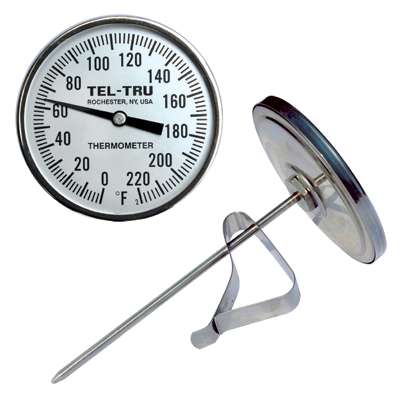 Tel-Tru 3" Dial Thermometer, Back Connected, 0/180F, Recal Nut, 5" Stem