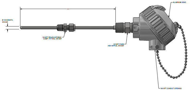 TYPE J THERMOCOUPLE, 1/4" X 12", 1/2"SS THREAD WITH HEAD 