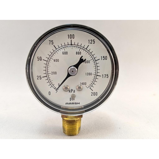[J0454] Marsh Pressure Gauge, 0-200 PSI, 1.5" Dial, Black Steel Case, 1/8" Bottom Mount, 2% Accuracy