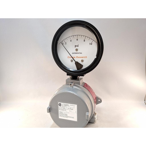 [1204PGS-1A-4.5B-B-0-10 PSID] Orange Research Ex-Proof Differential Pressure Gauge/Switch, 4.5" Dial, Aluminum Body, SPST Switch (N.O.), 10 PSID