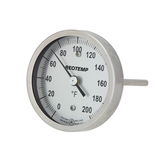 [AA0401F47] ReoTemp Bimetal Dial Thermometer, 3" Dial, Back Conn./Reset, 4" Stem, 1/2" NPT, 0/250°F