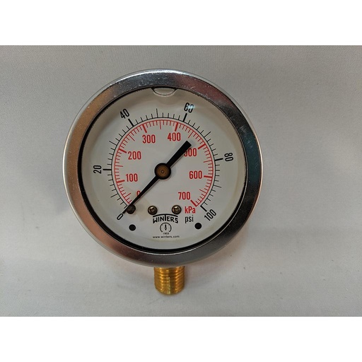 [PFQ804] Winters Liquid Filled Pressure Gauge, 2.5" Dial, 1/4" NPT Brass Bottom Connection, 0-100 PSI/kPa