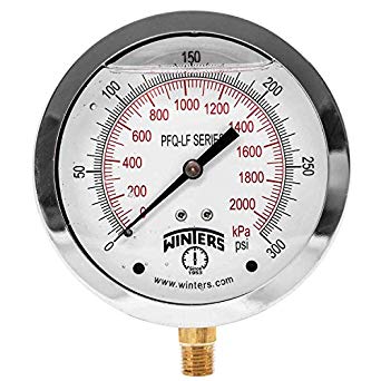 [PFQ714] PFQ Series Pressure Gauge, 4" dial, 1/4" lower, 0-300PSI/KPA, SS case, liquid filled