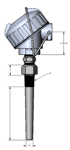 [2096-3561] Watlow 2-Wire Rtd w/Cast Alum Connection Head 3.5"SS Sheath w/Thermowell, 1/2"NPT