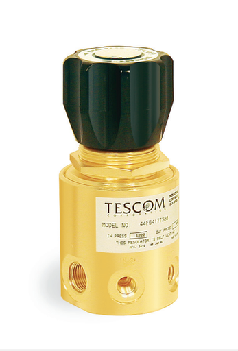 [44-1514T18S370] TESCOM 44-1500 Series high flow/low pressure regulator controls outlet pressures up to 600 psig / 41 bar. Large area piston provides accurate pressure control and cycle life superior to diaphragm sensed regulators when applied to heavy duty cycling. Features a segregated/captured vent for hydraulic or pneumatic media and is available in two outlet spring