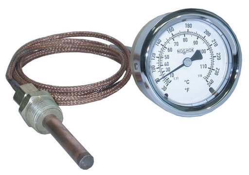 [25-310-0-4-7-2-20-3-2] 300 Series Vapor Actuated Thermometer, 2 1/2" Brass Case, 30/240 F, 1/2" NPT Union, 4-1/2" x 3/8" Bulb, 20' Capillary