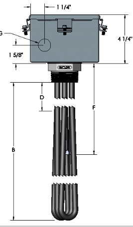 [2123-6826] Watlow Tubular Plug Immersion Heater, 240 VAC, 2000 Watt 1' NPT 9.5" Immersion
