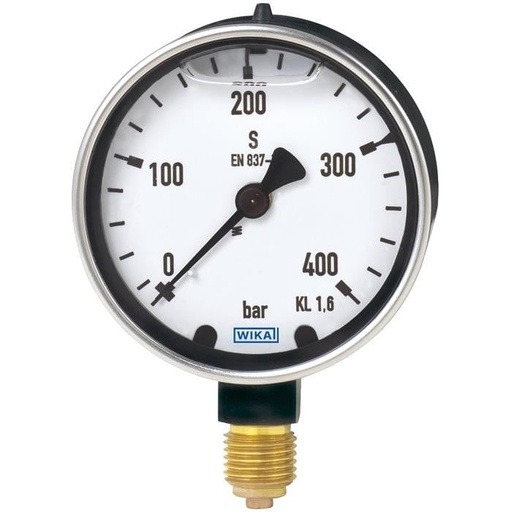 [9318275-0010] Wika 213.40 Series Glycerin Filled Industrial Pressure Gauge, 4" Dial, 0 to 200 bar, 1/4 NPT Brass Center Back Mount