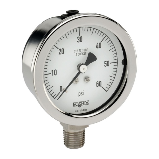 [25-500-30/15-PSI-MIP] 500 Series Stainless Steel Liquid Filled Pressure Gauge, -30 inHg to 0 to 15 psi, Maximum Indicating Pointer