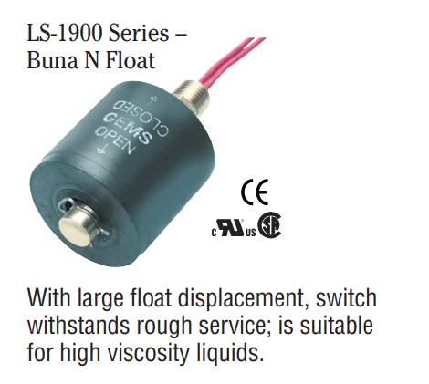 [01907] GEMS LS-1900 LEVEL SWITCH, BUNA N FLOAT, 316 SS STEM & MOUNTING, 150PSI MAX PRESSURE, SPST SWITCH, 20VA