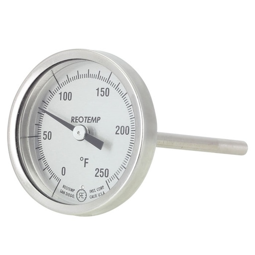 [HH0401F53] Reotemp Bimetal Dial Thermometer, 2-3/8" Dial, Back Connect, 4" Stem, 1/2" NPT, 20/240°F