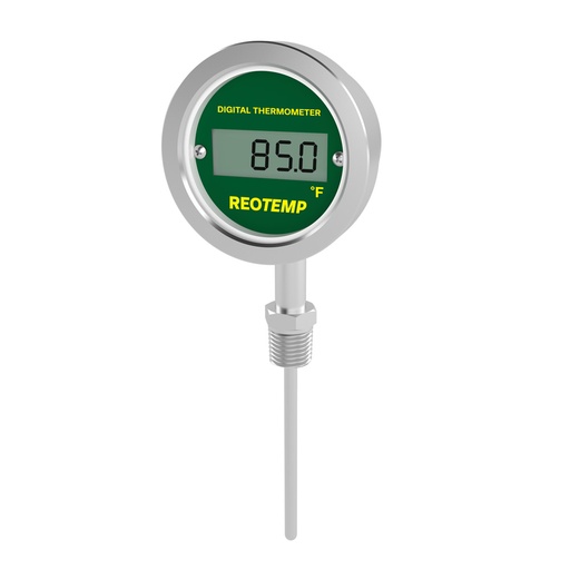 [DTAN11F060A] Reotemp Direct Mount Digital Thermometer, Back Connection, No Analog Output, 1/2" NPT, -58/392°F (Displays Decimal Pt.), 3/8" Dia. 6" Stem, Class A 1000Ω RTD