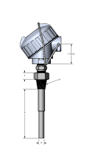 [2274-4386] Watlow 2-Wire Rtd w/Cast Alum Connection Head, 3.5" SS Spring Loaded Sheath, 1/2"NPT w/Thermowell