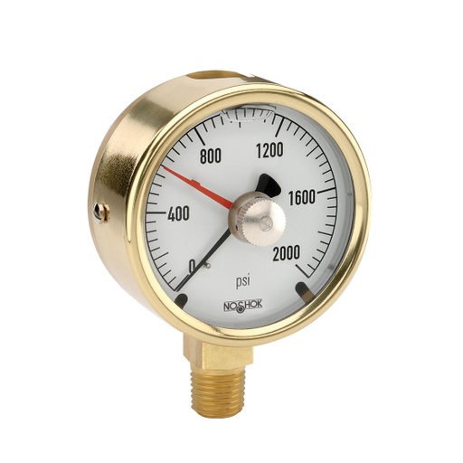 [25-300-30-psi-MIP] 300 Series Brass Case Liquid Filled Pressure Gauge, 0 psi to 30 psi, Maximum Indicating Pointer