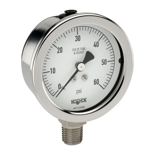 [25-500-100-psi/kPa] 500 Series Stainless Steel Liquid Filled Pressure Gauge, 0 psi to 100 psi