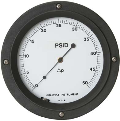 [109FE-00-Y-O / 0-15 PSID] Mid-West 109 Aluminum Differential Pressure Gauge, 4.5" Dial, 0 to 1500 psig (0 to 15 psid), 1/4 NPTF SS Back Mount