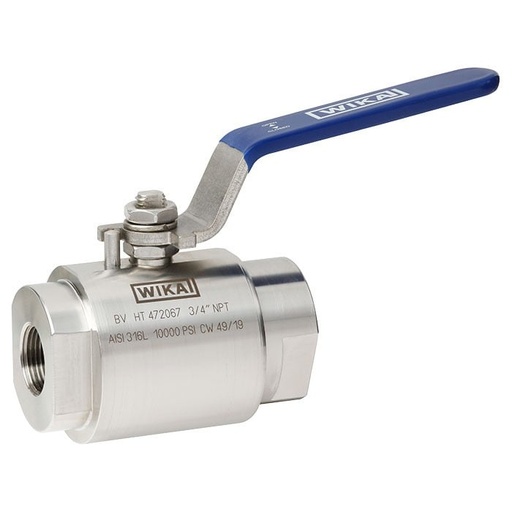 [48771214] Wika BV Series Ball Valve, 316/316L SS, 1/2" NPTF to 1/2" NPTF, 6000 psi, 0.39 in. (10 mm) Bore