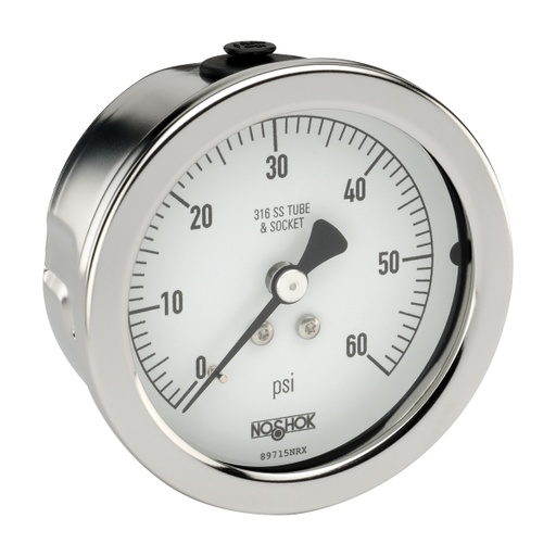 [40-510-30/160-AMMONIA-SSRF] 500 Series Stainless Steel Liquid Filled Pressure Gauge, 4" Dial, -30 inHg to 0 to 160 PSI/Ammonia Scale, 1/2" NPT Lower Back Mount, SSRF