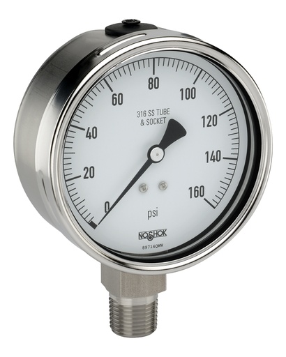 [40-500-200-psi-SG] 500 Series Stainless Steel Liquid Filled Pressure Gauge, 4" Dial w/ Safety Glass, 0 to 200 PSI, 1/2" NPT Lower Mount