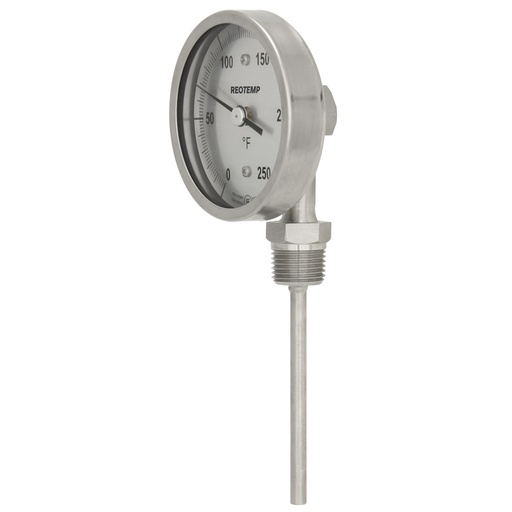 [XR3431F45-PY] ReoTemp Bimetal Dial Thermometer, 3" Dial, Bottom Conn./Reset, Custom 34.3" Stem, 1/2" NPT, 0/220°F, Polycarbonate Window