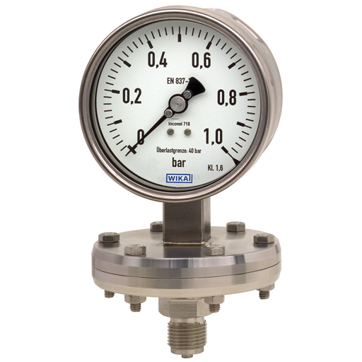Wika 43x.36 Series 4" or 6" SS Diaphragm Pressure Gauge, High OVP Safe, Dry/Fillable, FPM or PTFE Wetted Parts, Solid Front Design