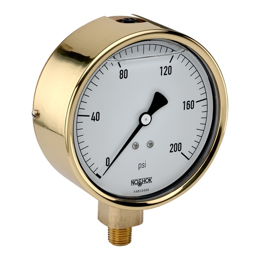 [40-300-160-PSI-SSRF] Pressure Gauge, 4" Brass Case, Copper Alloy Internals, 160 PSI, 1/4" NPT Bottom Conn, Glycerin Filled, SS Rear Flange
