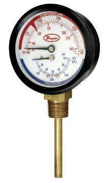 [TRI2-200-50L] Series TRI2 Tridicator Gauge - Combination Pressure/Temperature, 0-200psi, 80-290°F, 1/2" Lower Mount, 3" Dial Face
