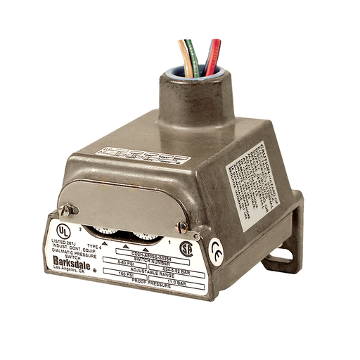 [CD2H-A80SS-S0031] Barksdale CD2H Diaphragm Pressure Switch, Dual Setpoint, 10 Amps @ 125/250 VAC; 3 A @ 480 VAC; .5 A @ 24 VDC, 0.5-80PSI, 1/4"NPTF, Oxygen Cleaned, Factory Set - 1@40 PSI Increasing, 2@60 PSI Increasing