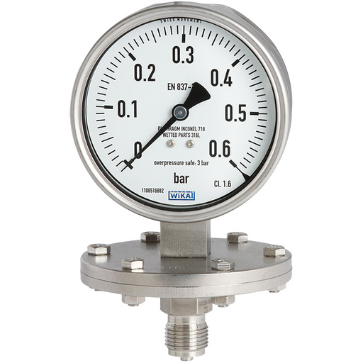 Wika 43x.50 Series 6" SS Diaphragm Pressure Gauge, Dry/Fillable, Pressure Blowout Disk