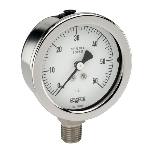 [25-400-30-psi-CC] Pressure Gauge, 2.5" 304SS Case, 316SS Internals, 30 psi, 1/4 NPT Male Bottom Conn, Certified Calibration