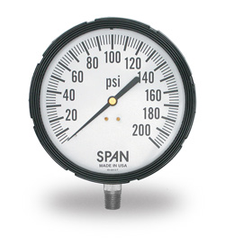 [LFS412-200-PSI-G] SPAN Liquid Filled Industrial Gauge, 4.5" dial, 1/4" bottom mount, 200PSI, Glycerin Filled