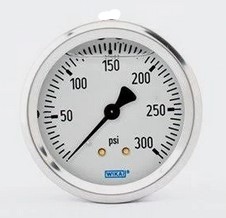 [52743154] Wika 113.53 Series Liquid Filled Pressure Gauge, 1.5" Dial, 0-30 PSI, SS Case, Brass 1/4" NPT Center Back Mount