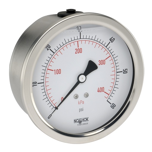 [40-911-100-psi/bar-SSBU] Pressure Gauge, 4" 304SS Case, Copper Alloy Internals, 100 psi/bar, 1/4 NPT Male Back Conn, Glycerin Filled, 304SS Bezel & U-Clamp