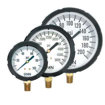 [LFS310-400-QC/STUD-G-CERT] Span Liquid Filled Industrial Gauge, 3.5" Dial, 1/4" NPT Brass Bottom Mount, 0-400 PSI Range, Glycerin Filled, Back Mount Studs for Panel Mounting, NIST Certification